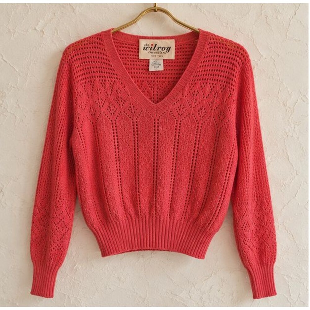 Vintage Wilroy Traveller Women M Coral Pointelle Open Knit V Neck Sweater 70s